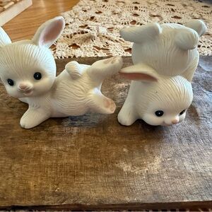 Homco- Pair of White Ceramic Dancing Bunny Figurines -